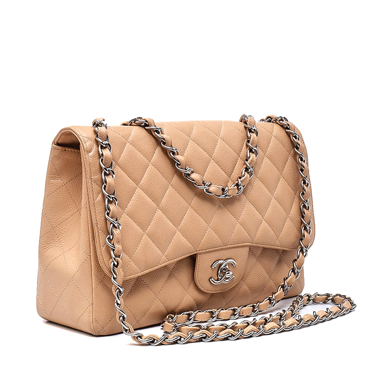 Chanel - Beige Caviar Leather Single Flap Jumbo Flap Bag